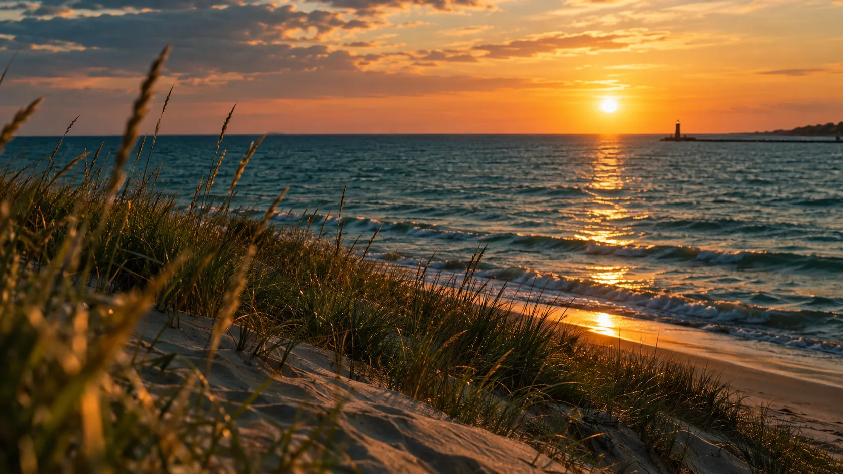 Lake Michigan shoreline at sunset with dune grass and a distant lighthouse